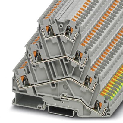 Phoenix Contact Ground - Multi-Level Terminal Block; PT 4-PE/3L; 28A; 600V; 4-Level; #24 - #10; Push-In Connection; Gray